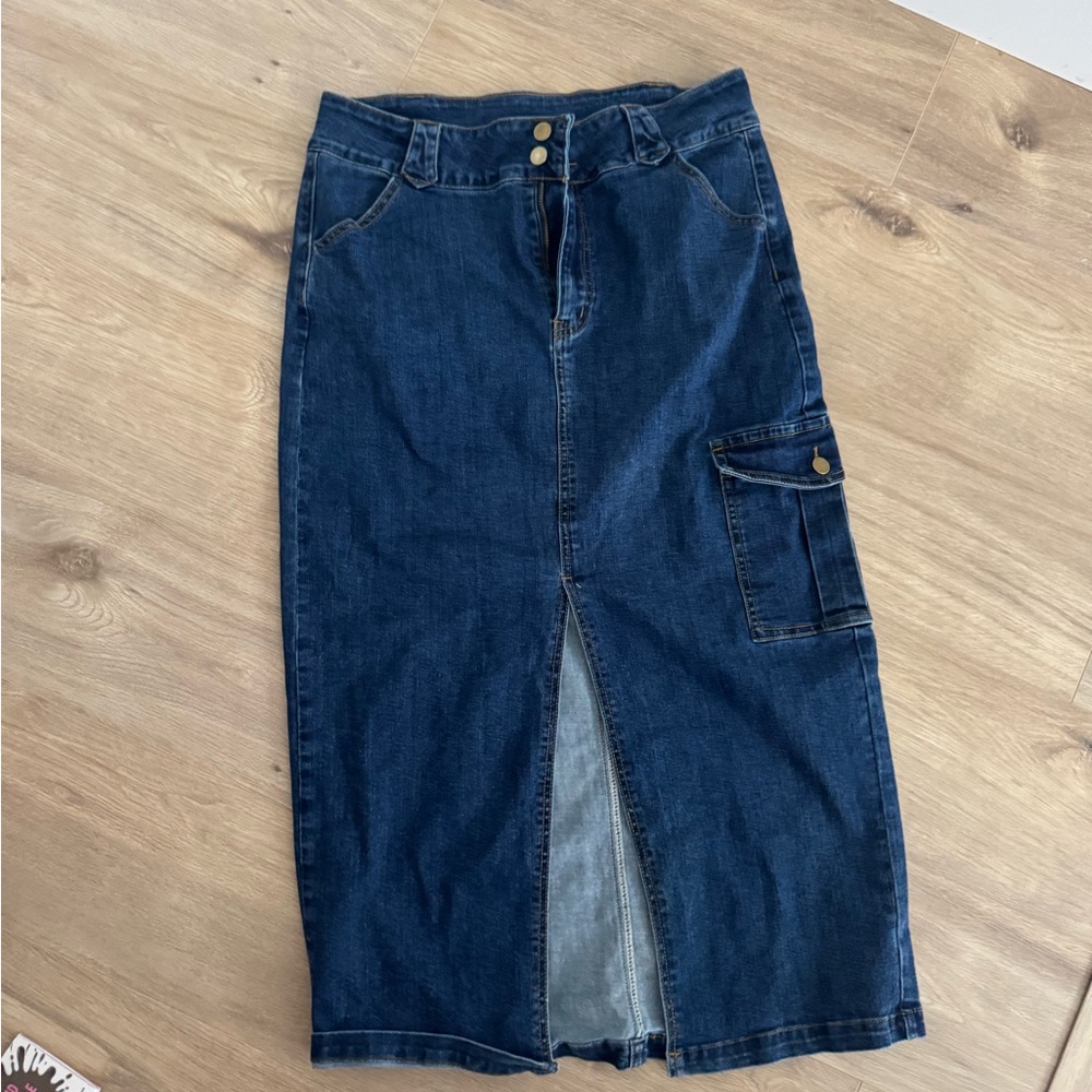 Cider Blue Denim Midi Skirt with Slit